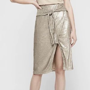Express Champagne Sequin Tie Front Faux Wrap Skirt NWT XL NYE